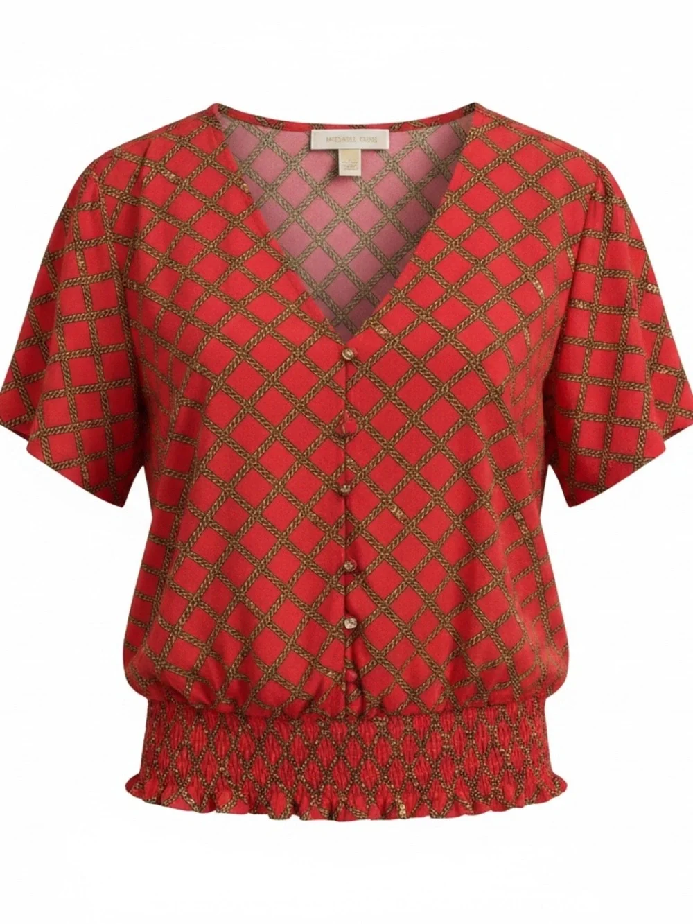 Michael Kors Red Diamond-Print V-Neck Button Top